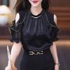 Summer Women Black Cold Shoulder Chain Ruffle Casual Slim Blouse