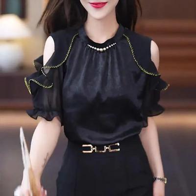 Summer Women Black Cold Shoulder Chain Ruffle Casual Slim Blouse