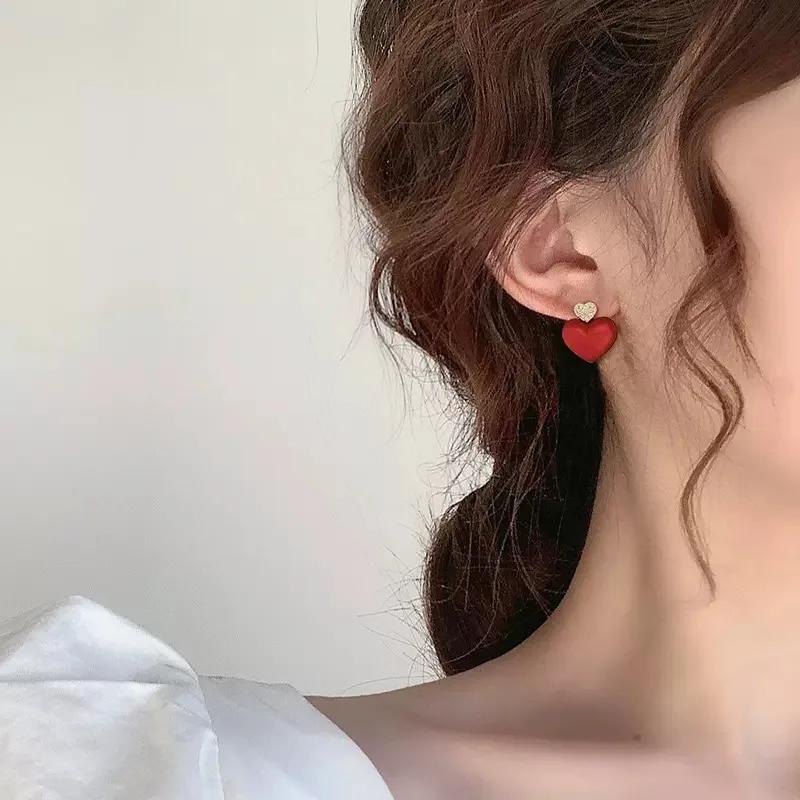 Vintage Red Petal Stud Earrings for Women Girl Korean Love Party Wedding Delicate Earring Christmas Jewelry Gifts Accessories