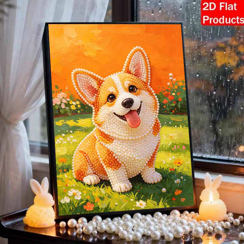 Sparkling Pearl Painting on Stretched Frame Cute Corgi Dog DIY Bead Art Canvas Relaxing Hobby Gift for Craft Lovers Great Home Decor Art Craft