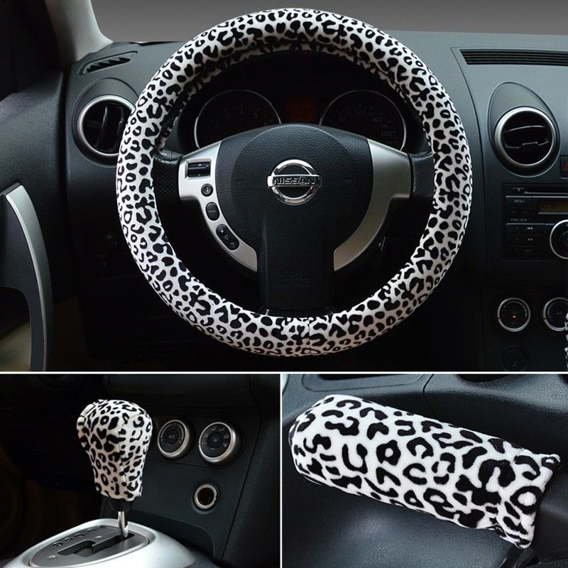 Car Steering Wheel Cover Winter Short Plush Korean Cute Female Leopard Print Cartoon Fabric Fashion Warm Non-Slip Handle Cover Leopard Print Coffee Steering Wheel Cover