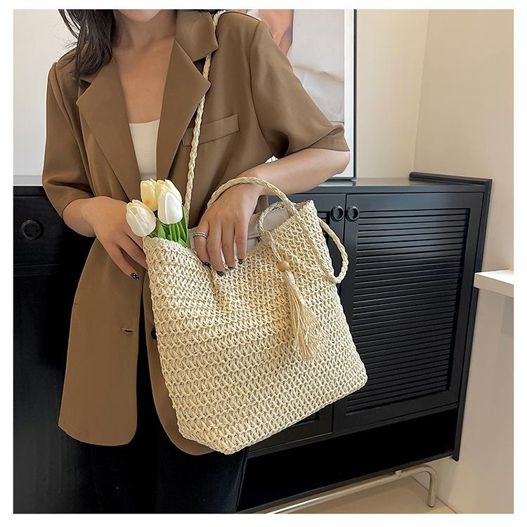 Summer Straw Woven Bag Zipper Shoulder Beach Bag Simple Mori Woven Tote Bag Large Capacity Women'S Bag