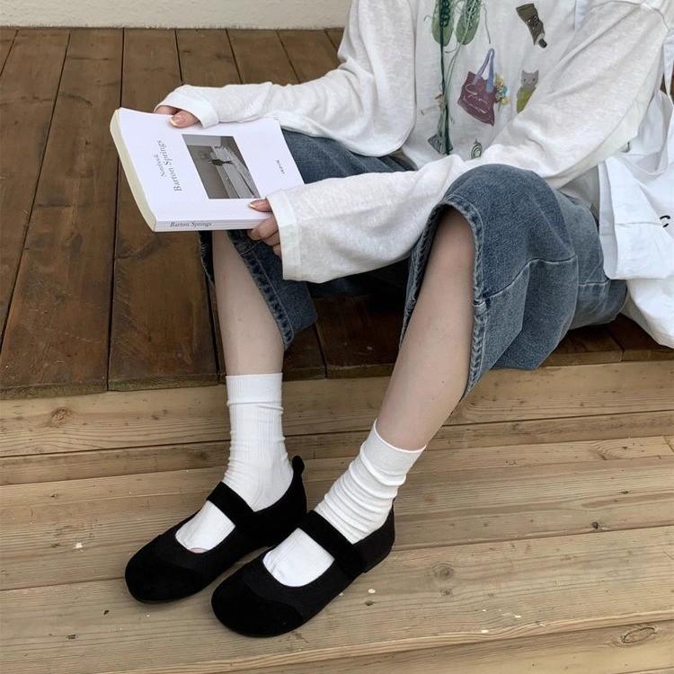 French retro round head splicing light woolen single shoes women's 2025 summer new with skirt flat Mary Jane shoes