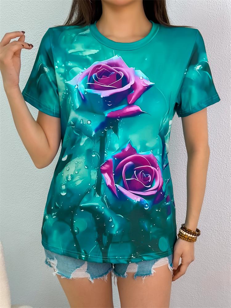 New casual women's short-sleeved blouse, floral print round neck blouse, fashion short-sleeved T-shirt, women's clothing