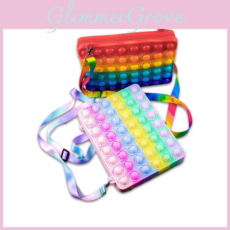 Vibrant Rainbow Macaroon Pop It Bag Ipad Case With Sensory Bubble Fidget Toy