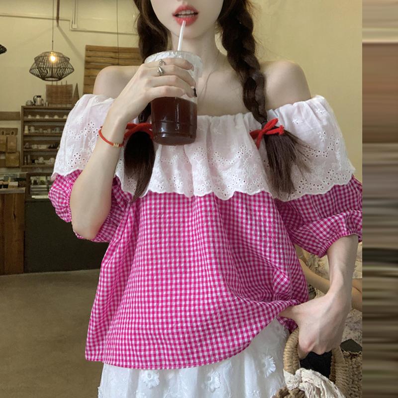 

VONDA Женские летние кружевные контрастные клетчатые блузки с открытыми плечами и короткими рукавами L розовый