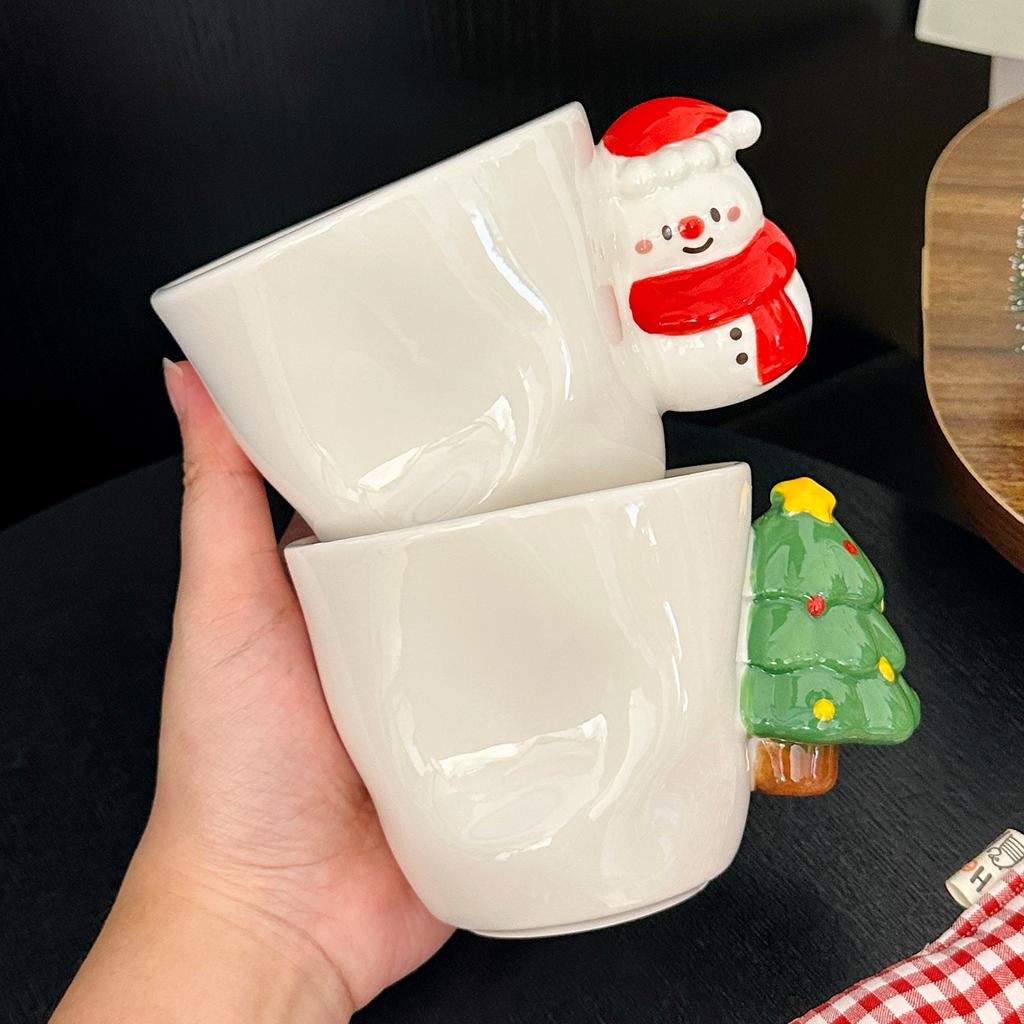 Creative Design of Christmas Ceramic Mugs Three Dimensional Snowman  Christmas Tree Shaped Handle Cups  Christmas Souvenirs