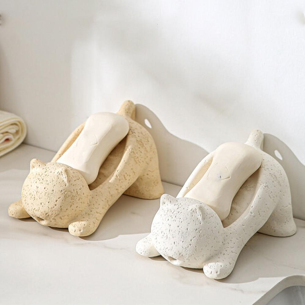 Cave Stone Soap Box Cartoon Animal Cat Drain Soap Box Bathroom Shelf Washing Table Drain Soap Box Bathroom Decoration