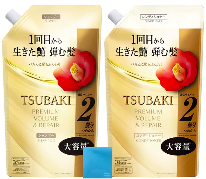 TSUBAKI Extra Large Capacity Premium Volume & Repair Hair Shampoo 600ml & Conditioner 600ml Refill Pair Set + AO Smartphone Cleaner (Soft, Bouncy, Shi