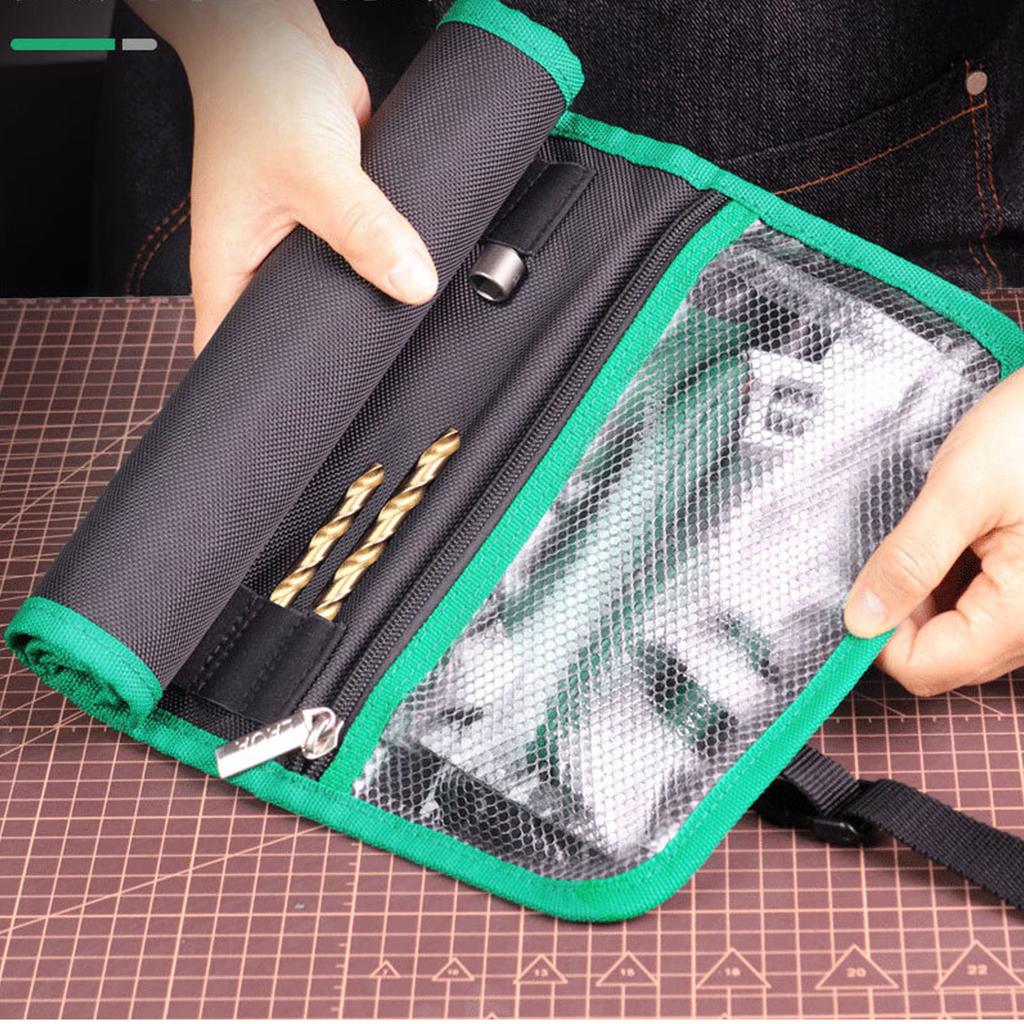 Roll Up Tool Bag with Transparent Zippered Mesh Pocket for Easy Storage and Drill Bit Screwdriver Bit Organization