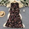 Französisches Retro V-Ausschnitt Langarm Blumen Chiffon Kleid Damen Herbst Taille Temperament Lotusblatt-Rand Langer Rock