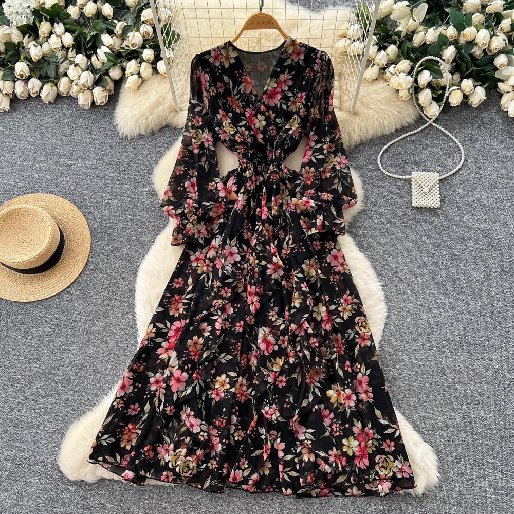 Französisches Retro V-Ausschnitt Langarm Blumen Chiffon Kleid Damen Herbst Taille Temperament Lotusblatt-Rand Langer Rock