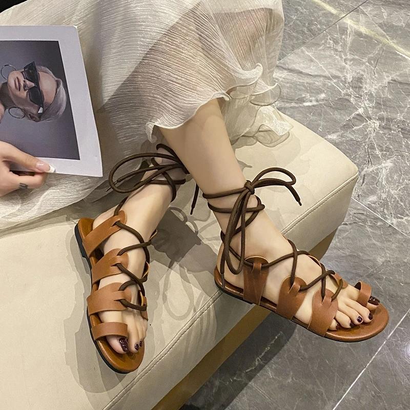 Women Sandals 2025 Summer New Fashion Flat Open Toe  Tie Ladies Shoes Casual Elegant Dress Lace Up Beach Gladiator Sandals