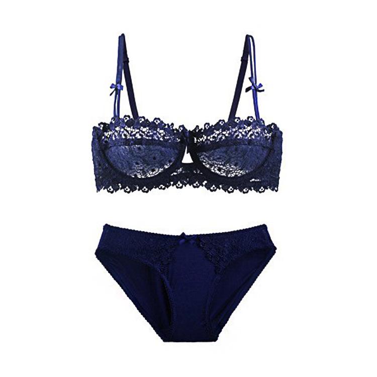 Evropská a americká ultratenká průhledná krajková souprava podprsenky s polovičním košíčkem - Sexy a design proti povislým prsům
