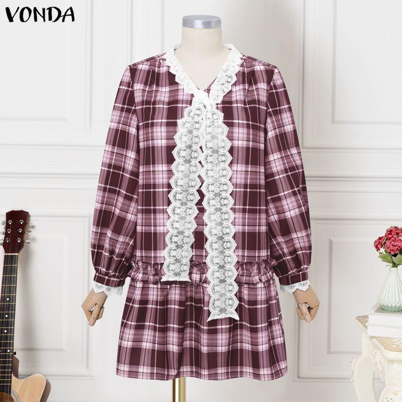 VONDA Elegant Women Casual Long Sleeve Lace Bow Knot Plaid Print Ruffled Dress