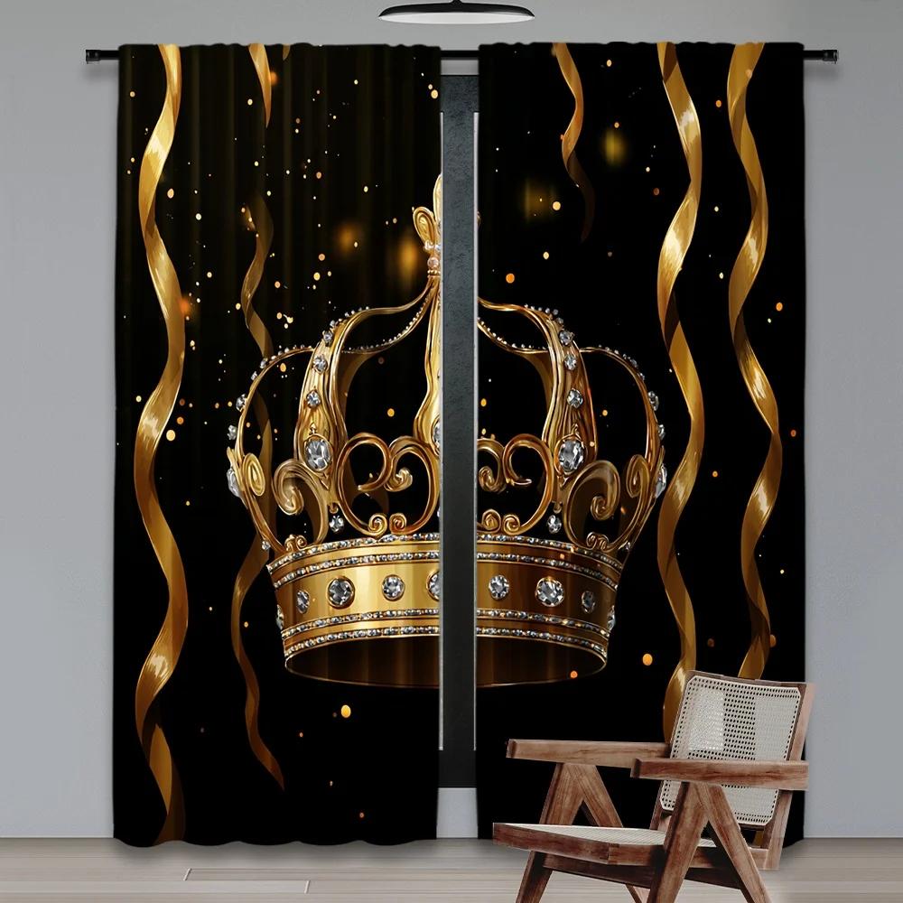 Set Of 2 Flat Printing Scene Curtain Golden Royal Crown Digital Printed Polyester Drapes Family Party Decoration Living Room Curtains Made Great