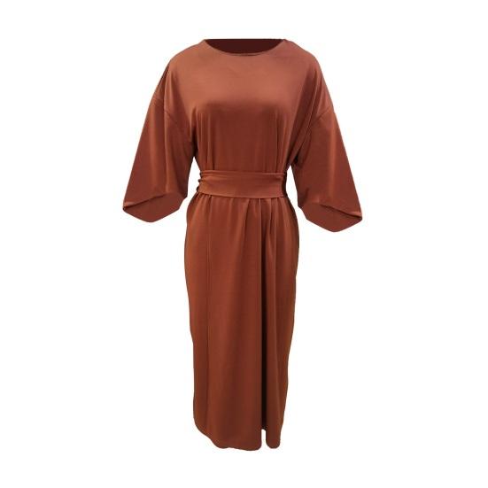 Women Dress Slim Waist Solid Color Dolman Sleeves Midi Dress Calf Length Evening Dress Round Neck Long Dress for Commuting Party Dating