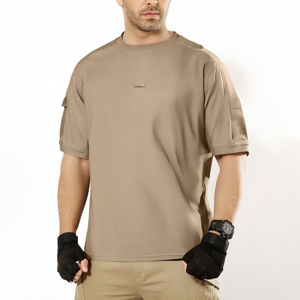 Men's Summer Solid Color Pocket Round Neck Loose Short Sleeve Top