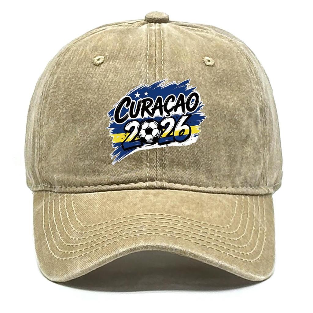 2026 Football Soccer "CURACAO" Flag Printed Baseball Hat , Adjustable Baseball Cap Headwear Non-Stretch Fabric Leisure Solid Color Sun Hat