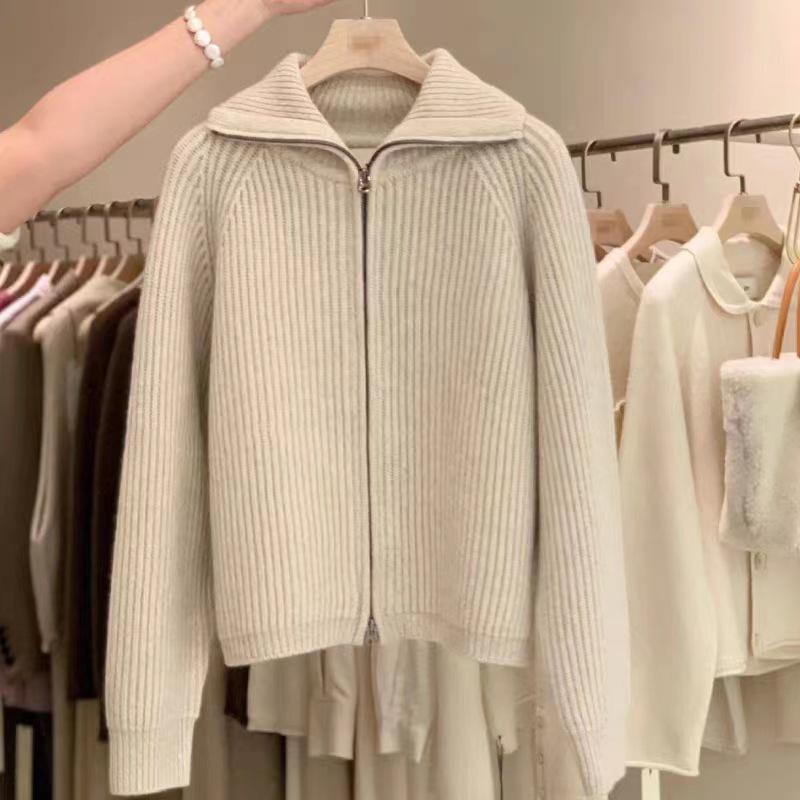 Women's Heavyweight Wool Zipper Cardigan – Autumn/Winter, 100% Pure Wool, Lapel Sweater Knit, Loose Fit Outerwear