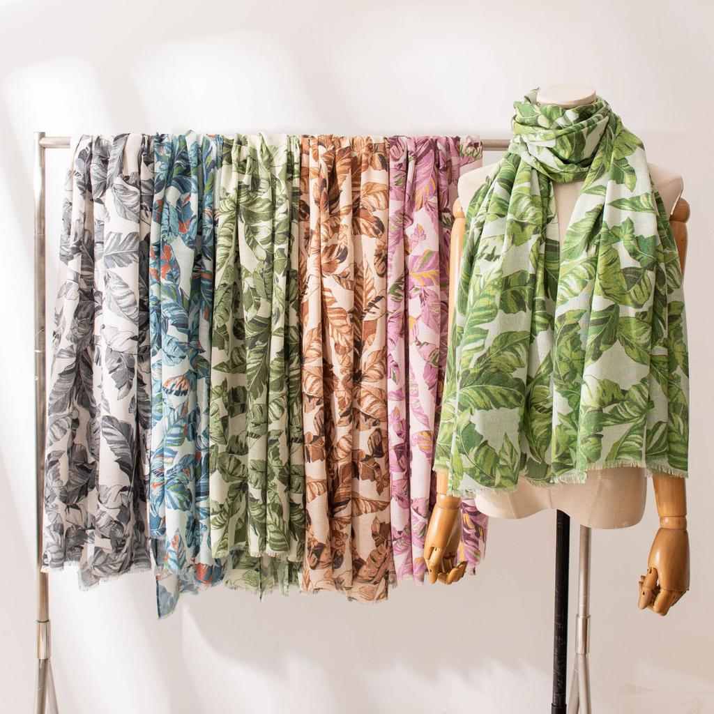 Ins Internet celebrity tropical leaf print long towel cotton and linen texture scarf travel vacation sunshade sunscreen large shawl