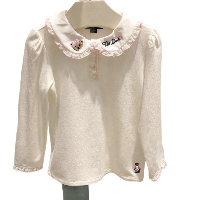 Baumwoll-Langarm-T-Shirt für Mädchen mit Bärenstickerei und Spitzenkragen, Frühlings- und Herbststil für ältere Kinder.