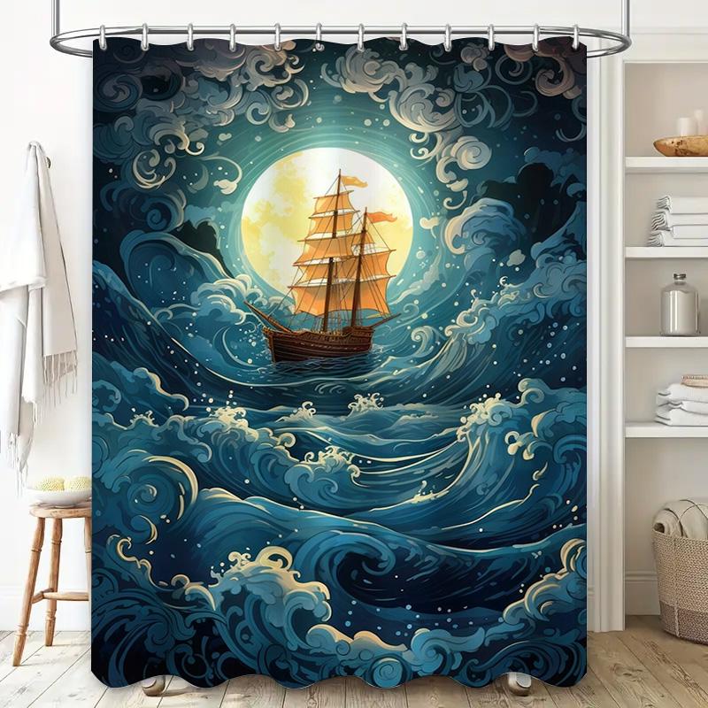 Vivid Night Ocean Sailboat Waterproof Shower Curtain Modern Art Decor for Bathroom Customizable Size Options Available