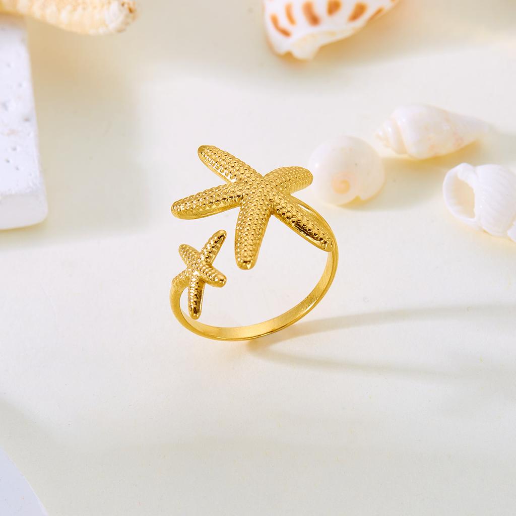 Stainless Steel Shell Rings For Women Vintage Gold Color Starfish Conch Adjustable Finger Ring Summer Ocean Beach Party Jewelry