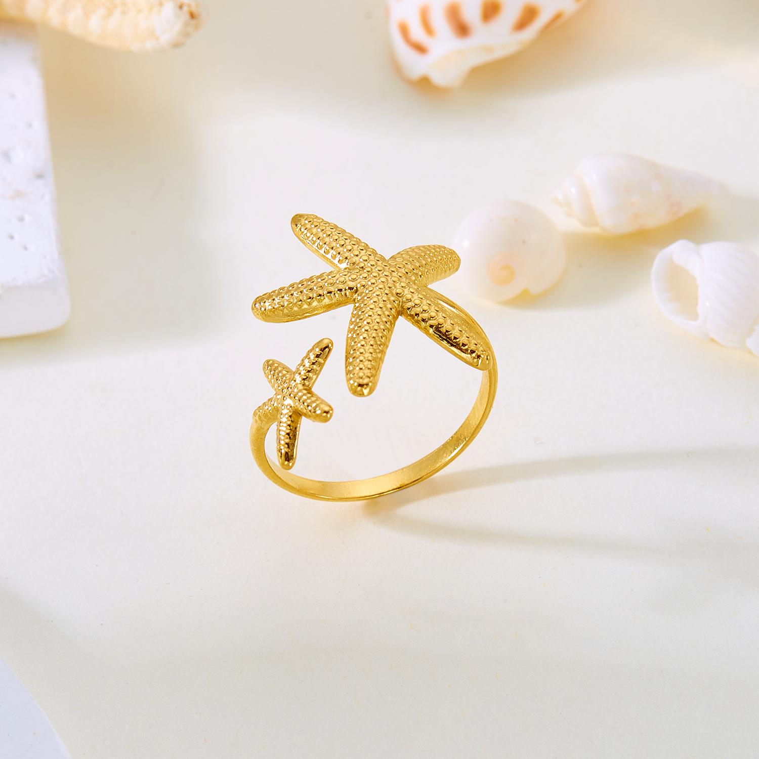

Vintage Shell Rings For Women Gold Color Stainless Steel Starfish Conch Adjustable Finger Ring Summer Ocean Beach Party Zircon resizable