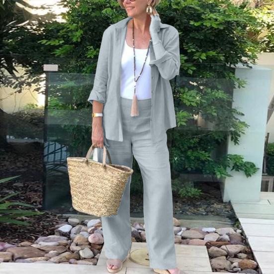 2Pcs/Set Women Casual Outfit Lapel Long Sleeve Buttons Closure Shirt High Waist Straight Wide Leg Long Pants Set Daily Wear