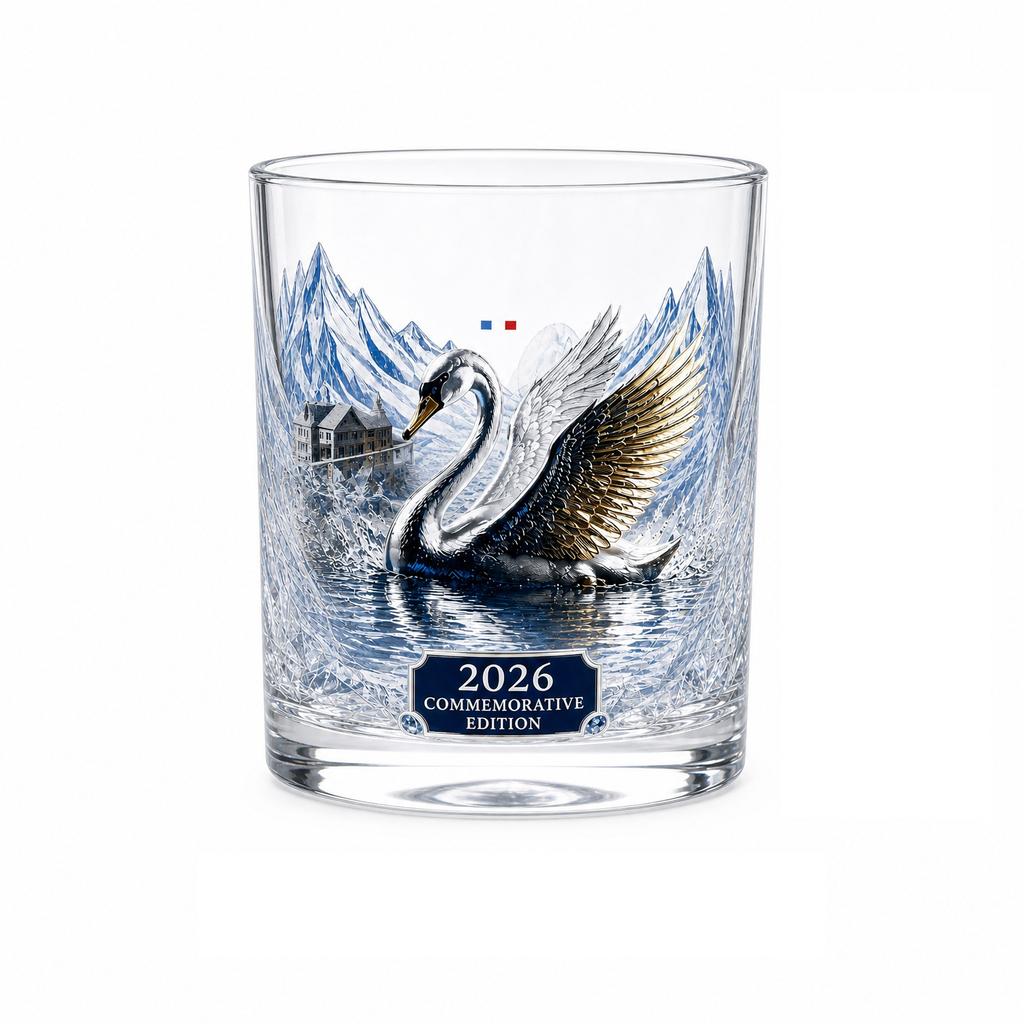Glass Whiskey Bottle Set with Commemorative Edition Whiskey Glass Featuring Swan and Mountain Design Suitable for Collectors and Drinkware Enthusiasts