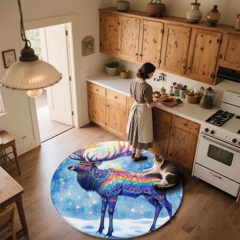 Colorful Deer,Round Area Rug,Carpet Rug for Living Room Bedroom Sofa Playroom Decor,Non-slip Floor Mat