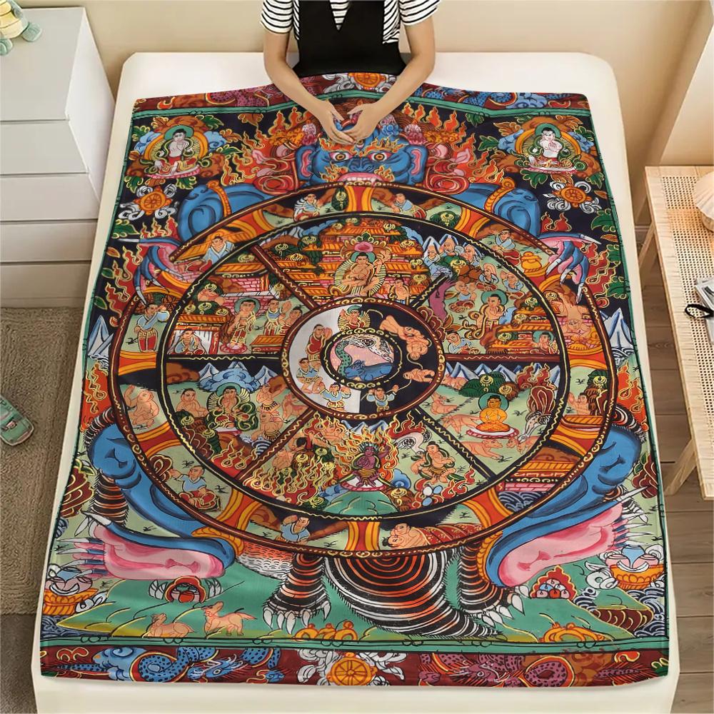1Pc Buddhism Wheel Print Flannel Blanket, High quality Comfortable for All Seasons, Home Decor, Warmth and Comfort, Perfect for Christmas Gifts