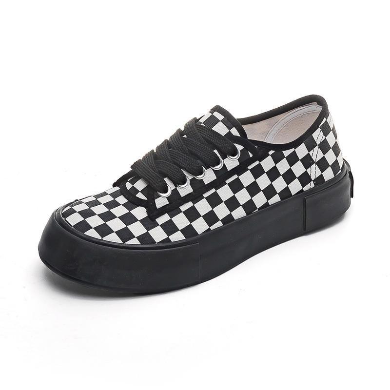 Black and white plaid canvas shoes women's trendy new board shoes spring platform heightening shoes big head shoes cute shoes