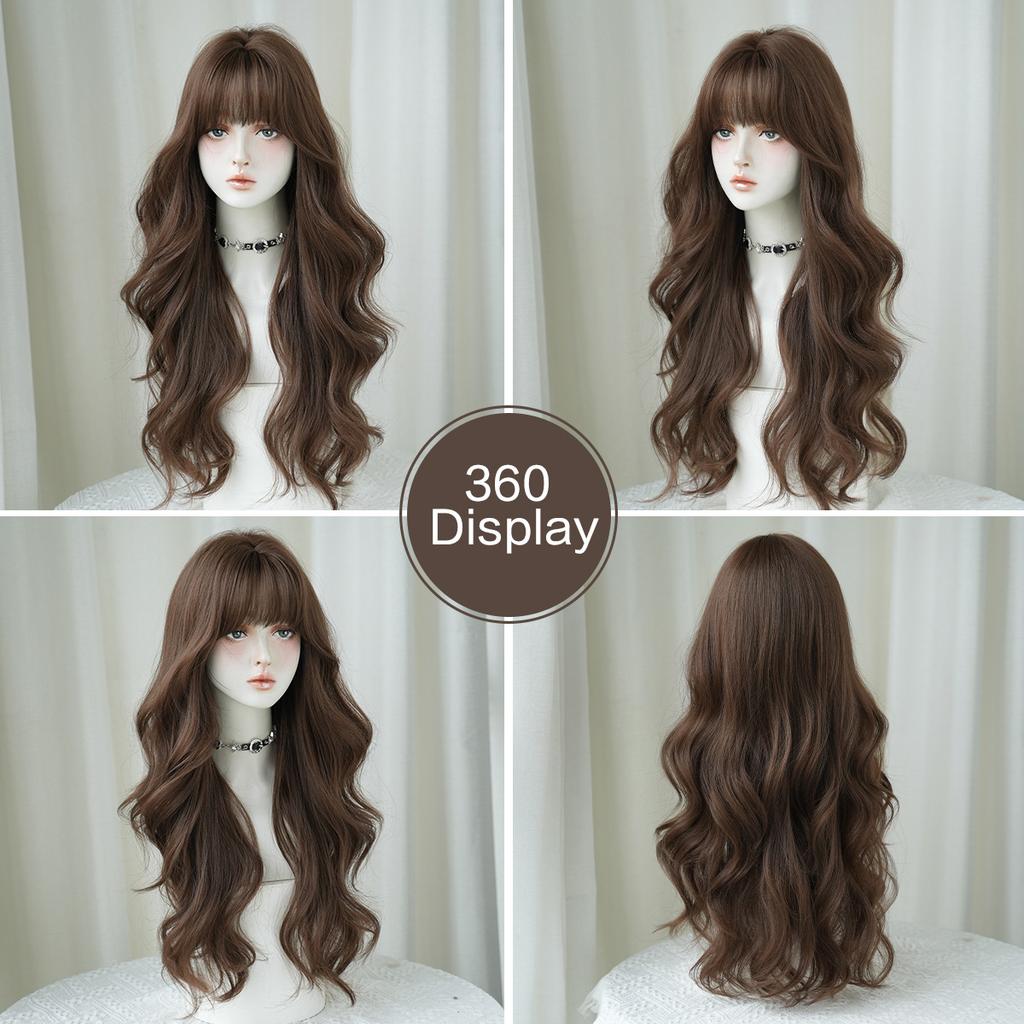 Dark Brown Big Waves Long Wig for Women - Full Bangs Voluminous Full Cap, Heat Style Trim Ready, Natural Realistic Daily