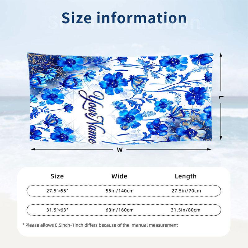 Blue Floral Elegance 1 Theme Quick Dry Beach Towel Custom Name Text Print Large Sand Resistant Towel Beach Vacation