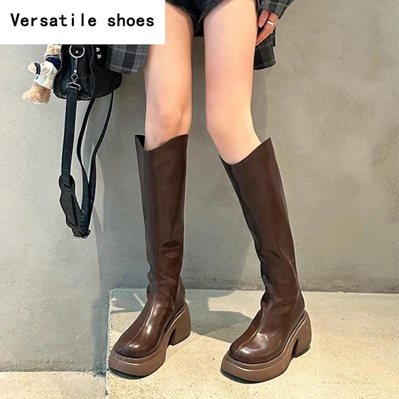 Winter Soft Leather Women Knee High Boots Fashion Knight Long Booties Designer Platform Square Heels Botas De Mujer
