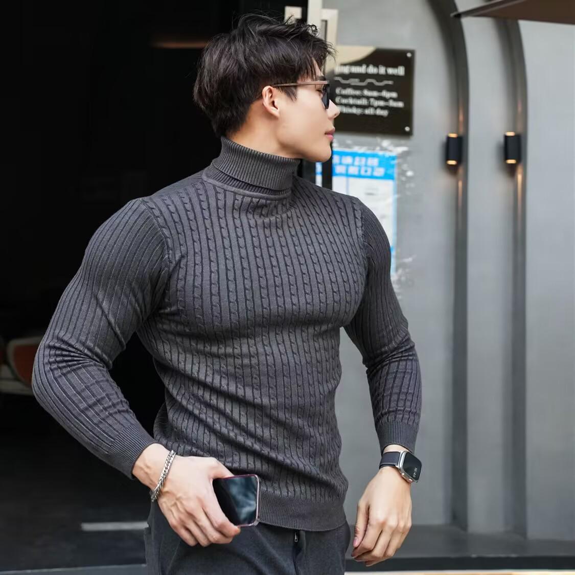 2023 Men s High Neck Slim Fit Cable Knit Sweater - Solid Color Autumn Layer XL темно-серого