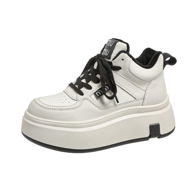 Platform white shoes women's 2025 new autumn and winter shoes women's versatile flat-soled lace-up velvet casual sports board shoes