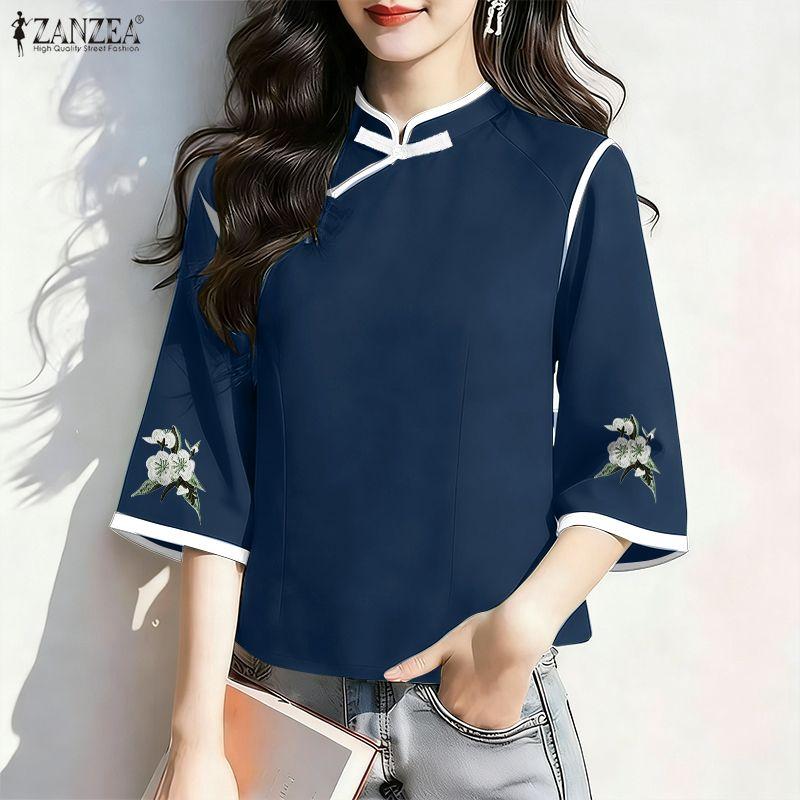 ZANZEA Damen Freizeit Stehkragen 3/4 Ärmel Blumenstickerei Bluse