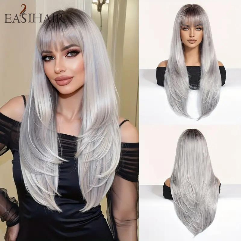 Synthetic Layered Wig Long Rose Gold Straight Wigs with Bangs Blonde Cosplay Party Natural Hair Wigs for Women Heat Resistant
