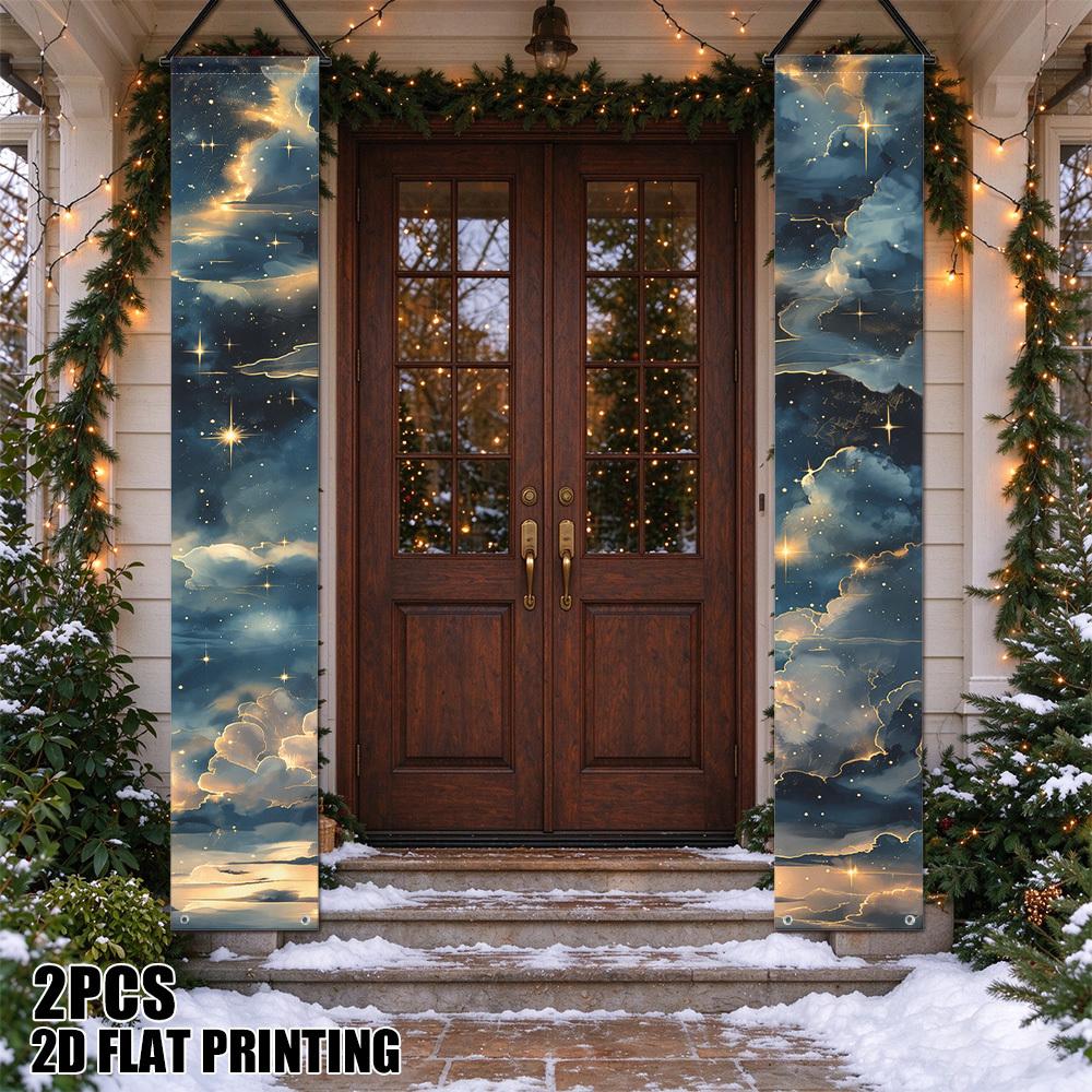 2D Flat, 2D Flat - 2D Flat, 2D Flat - 2D Flat Printing 2pcs Golden Starry Sky Porch Banners, Sign Front Door Hanging Decor Couplets Banner for Home Pa