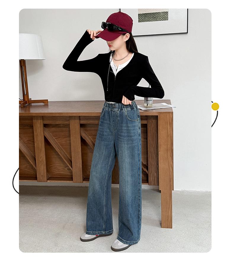 2025 Girls' Embroidered Wide-Leg Jeans: Spring/Fall Casual Straight-Leg Pants for Medium & Big Kids