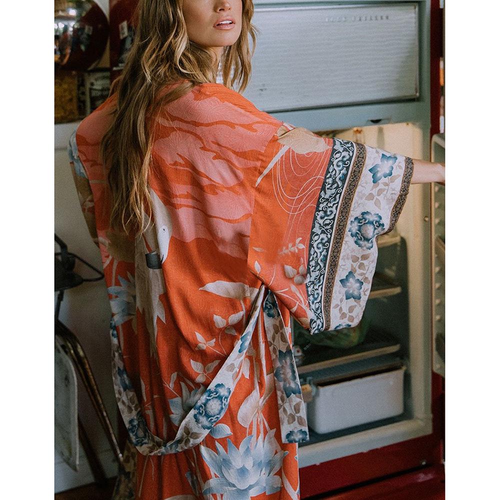 European-American Cotton Floral Kimono Cardigan - Beach Cover-up & Sun Protection 5D58