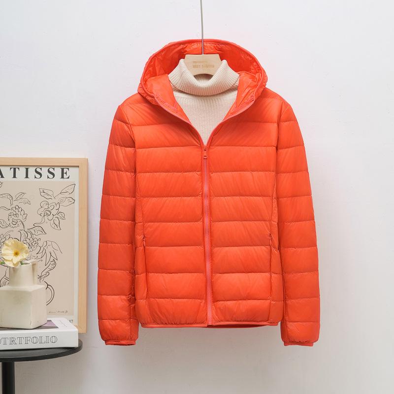 Down jacket women's light and thin fashion hooded short plus large size plus fat white duck down light European size coat