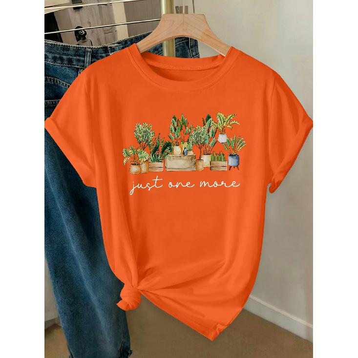 Elegant Women's Clothing with Green Plant and Potted Plant Prints, a High-value Gift, Round Neck, Short-sleeved for Spring, Summer, and Autumn T