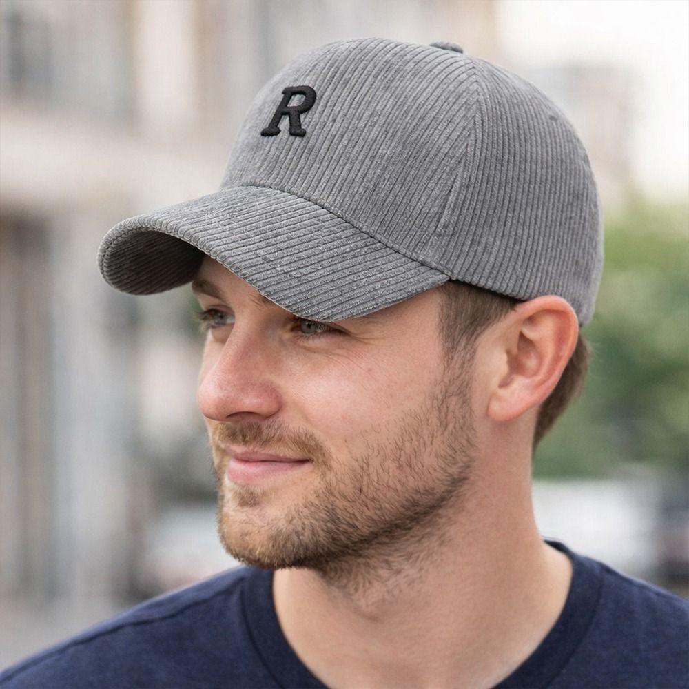 3D Embroidered 'R' Letter Corduroy Baseball Cap Solid Color Adjustable Strap Sunscreen Hat Breathable Peaked Cap Autumn Winter