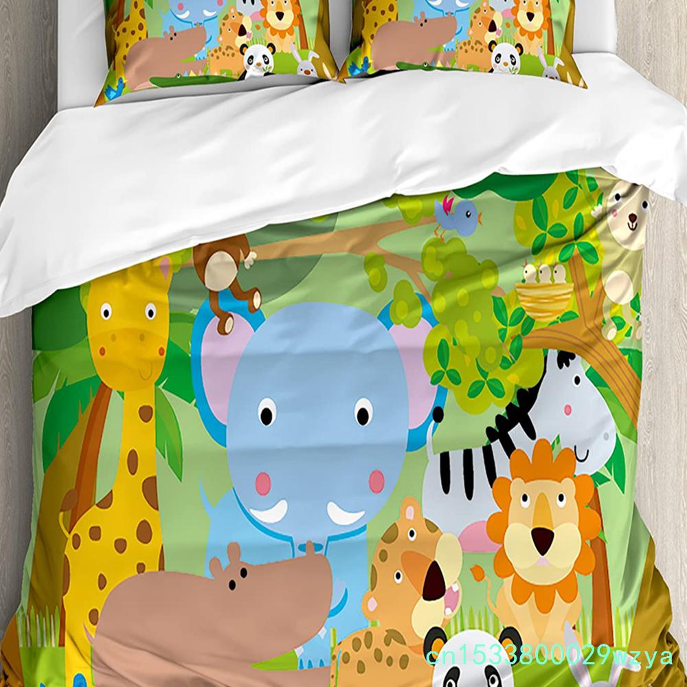 Nursery Bedding Set Comforter Duvet Cover Pillow Shams Funny Playful Jungle Animals Wildlife Mammal Bedding Cover Double Bed Set