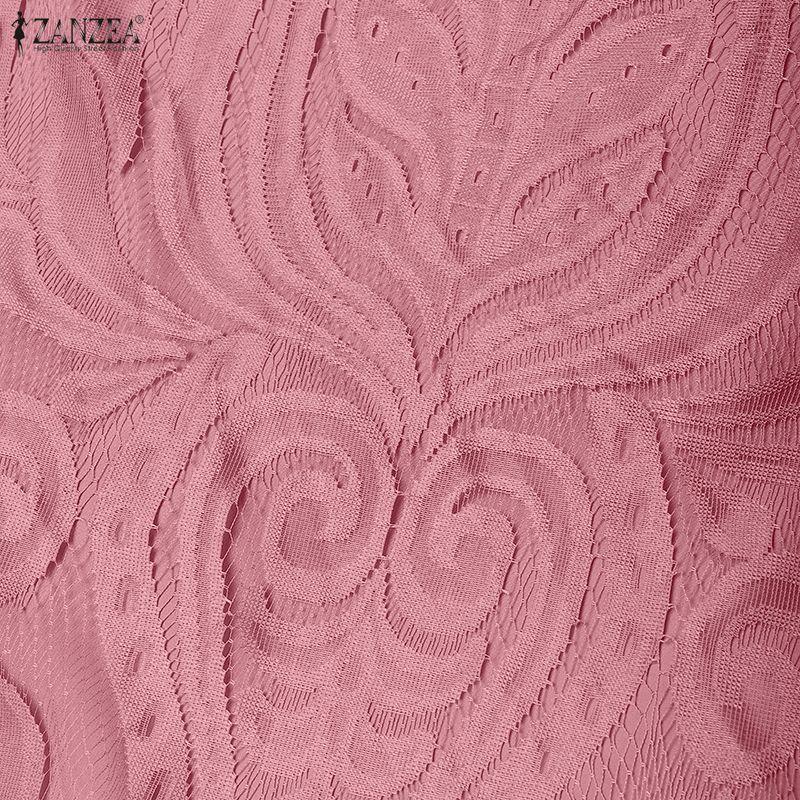 ZANZEA Women Casual Round Neck 3/4 Sleeve Patchwork Lace Sheath Dress