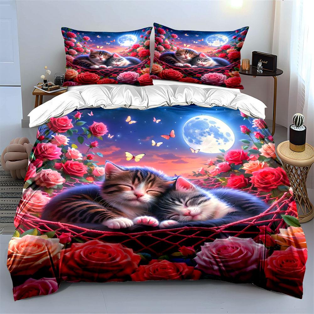 Romantic Cat-Themed Cozy Night Set  Kid'S And Adults' Bedroom Decor, Exquisite Three-Piece Bedding Set Gift